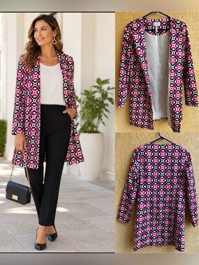 Laundry by Shelly Segal Cotton Printed Button Front Longline Jacket Overcoat 4